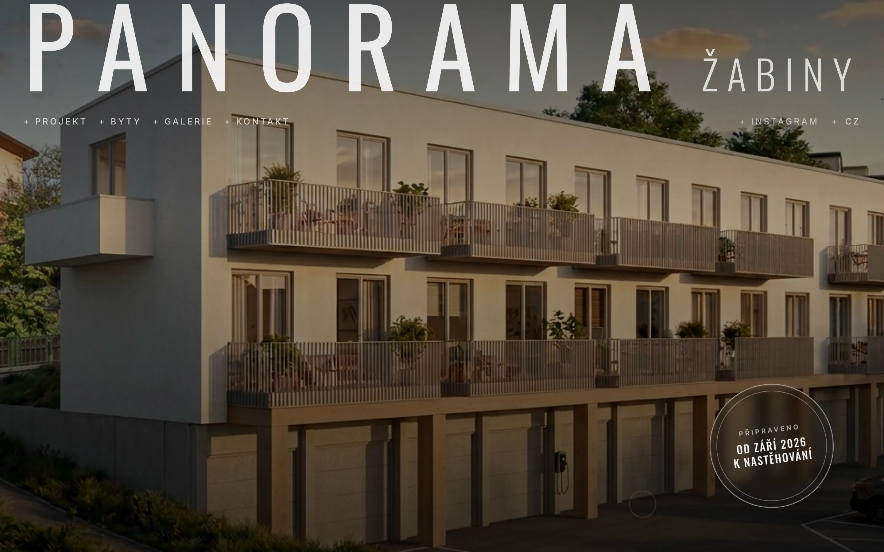 Hero webu Panorama Žabiny s vizualizací budovy